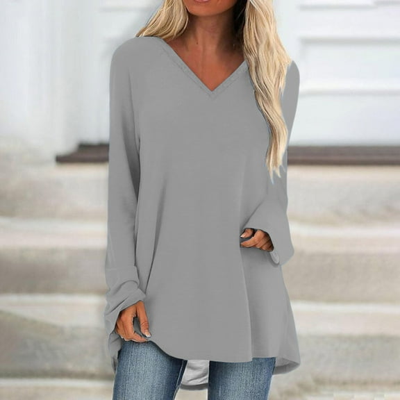 Dxzfnsa Oversized Blouses for Women Women's Solid Color T-shirt Casual Long Sleeves V-Neck Pullovers Loose Fall Basic Work Blouses 2025 Size S-3XL
