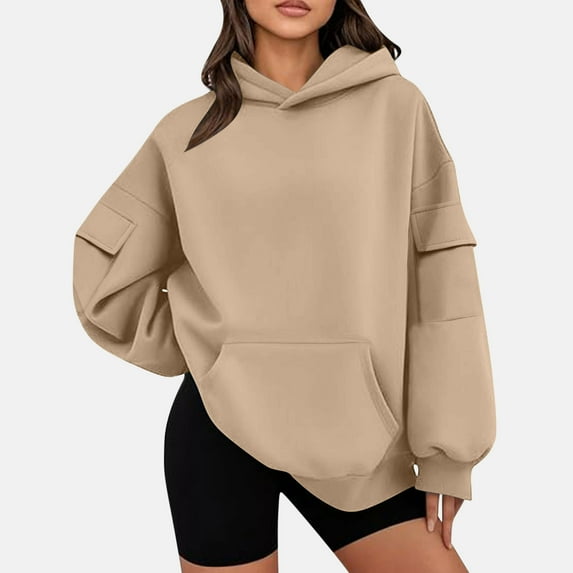 Dxzfnsa Oversized Hoodies for Women Ladies' Casual Fashion Solid Color Hooded Sweatshirts Comfortable Long-sleeved Pullovers Drop Shoulder Hoodies with Muti Pockets