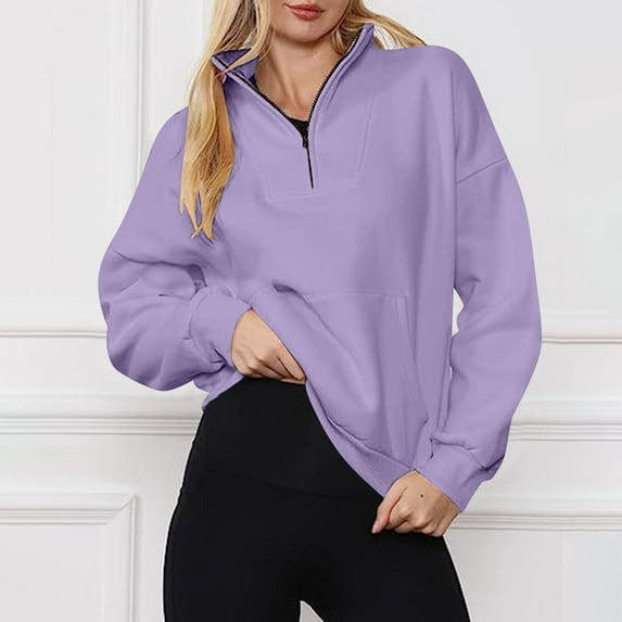 Dxzfnsa Oversized Sweatshirts for Women Women's Fashion Casual Solid Color Long Sleeve Pullovers Lapel Quarter Zipper Pockets Sweatshirts Comfy Drop Shoulder Sweatshirts