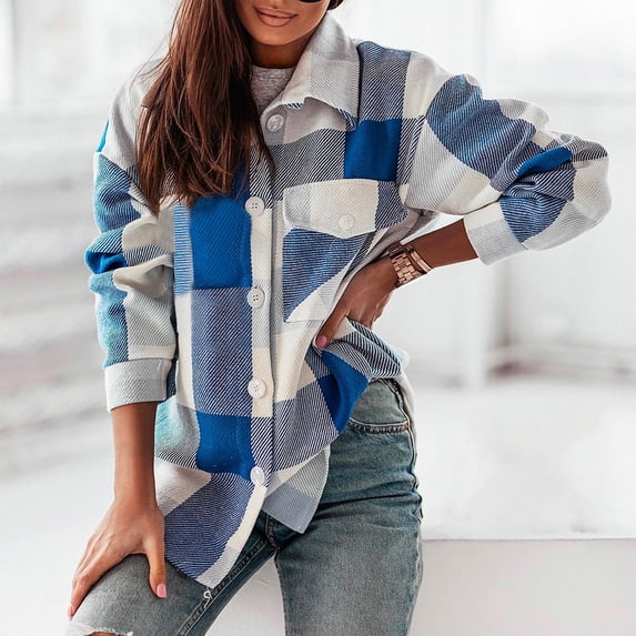Dxzfnsa Oversized Womens Flannel Plaid Soft Flannel Button Down Shirt Roll Up Long Sleeve Flannel Plaid Shirt Blouses Women Blouses for Women Dressy Casual,Blue-XL