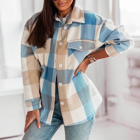 Dxzfnsa Oversized Womens Flannel Plaid Soft Flannel Button Down Shirt Roll Up Long Sleeve Flannel Plaid Shirt Blouses Women Button Up Shirt Women,Light Blue-XL