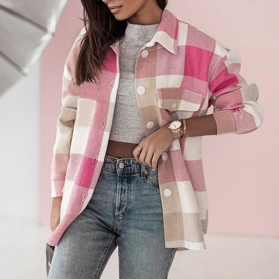 Dxzfnsa Oversized Womens Flannel Plaid Soft Flannel Button Down Shirt Roll Up Long Sleeve Flannel Plaid Shirt Blouses Women Flannel Shirt Women,Pink-M