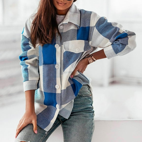 Dxzfnsa Oversized Womens Flannel Plaid Soft Flannel Button Down Shirt Roll Up Long Sleeve Flannel Plaid Shirt Blouses Women Womens Fall Clothes ,Blue-M