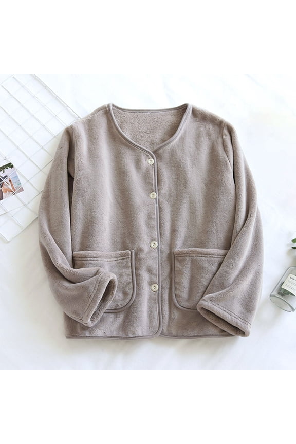 Pajama Coats for Women Women's Winter Solid Color Flannel Thickened Homestay Pajamas Button Up Long Sleeved Round Neck Bed Jackets