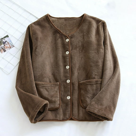 Dxzfnsa Pajama Coats for Women Women's Winter Solid Color Flannel Thickened Homestay Pajamas Button Up Long Sleeved Round Neck Bed Jackets