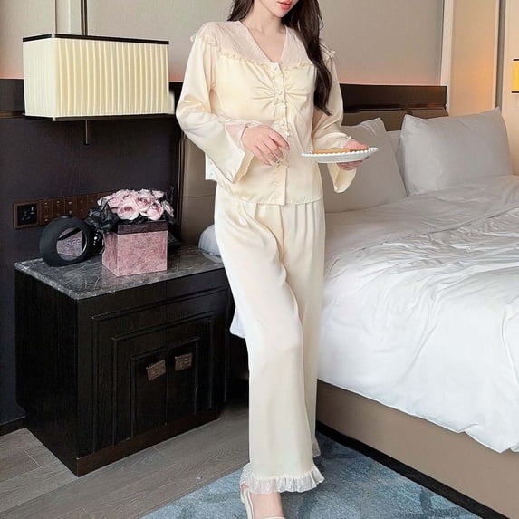 Dxzfnsa Pajama Sets for Women Women's Long Sleeve Sleepwear Button Down V-Neck Shirts Loose Trousers Sets Soft Solid Color 2 Piece Pajama Sets