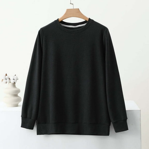 Dxzfnsa Pajama Tops for Women Womens Fashion Round Neck Long Sleeved Pajamas Comfy Loose Solid Color Pullover Sleepwear Winter Home Clothes