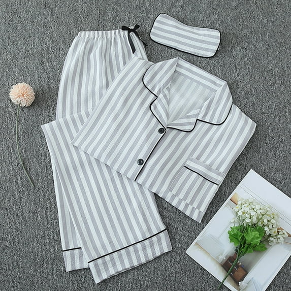 Dxzfnsa Pajamas for Women Set 2 Piece Womens Stripes Long Sleeve Shirts Casual Loose Pants Soft Button Down Sleepwear with Eye Mask
