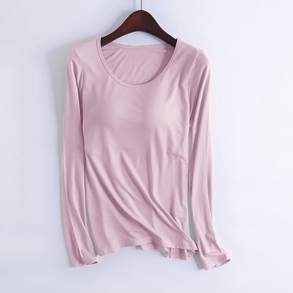 Dxzfnsa Pajamas for Women Women's Lightweight Solid Color Crew Neck Sleep T-Shirt with Chest Pads Buttery Soft Long Sleeve Sleep Lounge Pajama Tops