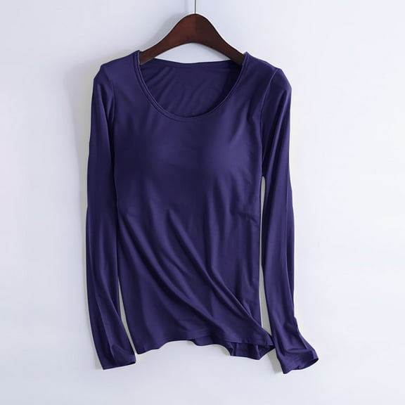 Dxzfnsa Pajamas for Women Women's Lightweight Solid Color Crew Neck Sleep T-Shirt with Chest Pads Buttery Soft Long Sleeve Sleep Lounge Pajama Tops