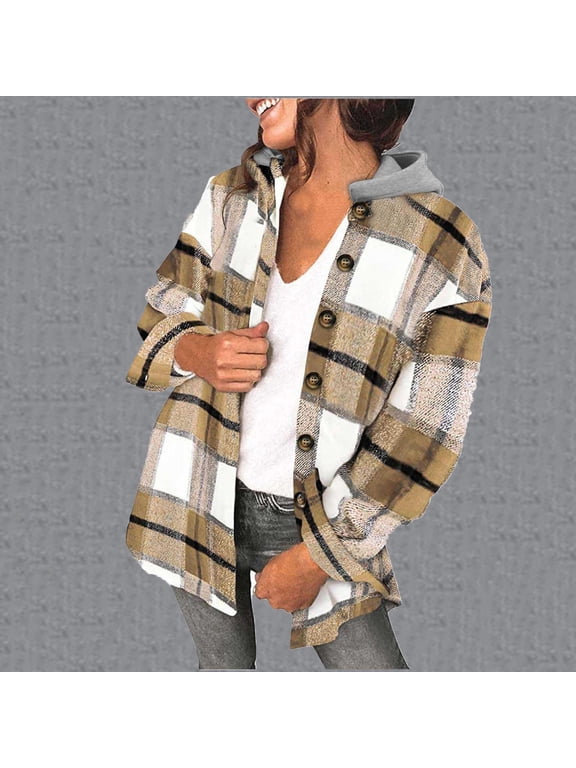 Plaid Shacket Jacket Women Button Down Long Flannel Shirt Fall Oversized Jackets Casual Shaket Lapel Winter Coats Womens Fall Clothes ,Yellow-M