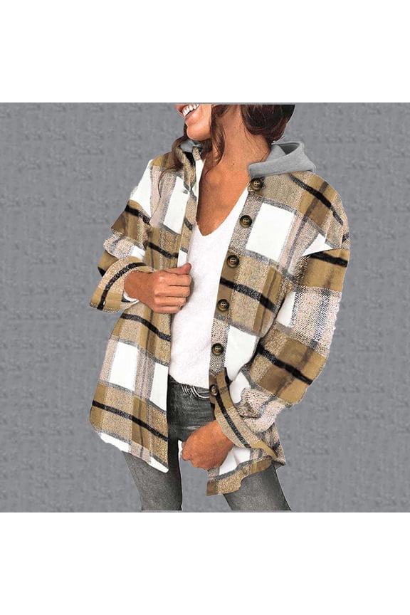Plaid Shacket Jacket Women Button Down Long Flannel Shirt Fall Oversized Jackets Casual Shaket Lapel Winter Coats Womens Fall Clothes ,Yellow-M