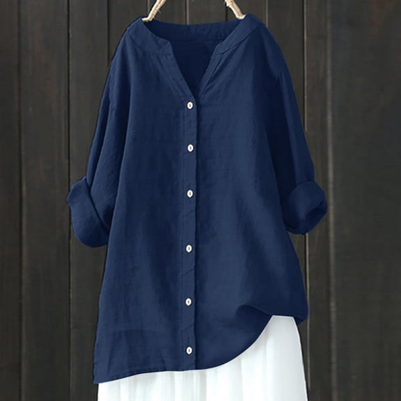 Dxzfnsa Plus Size Shirts for Women Women's V-Neck Long Sleeve Blouses Comfortable Solid Color Button Tops Cotton and Linen Trendy Blouses Size S-5XL