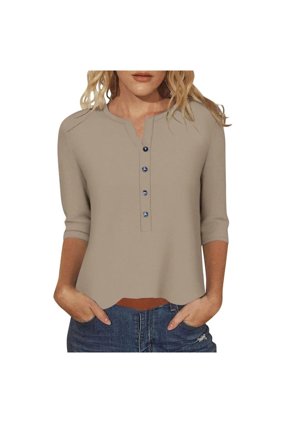 Plus Size Womens Clothing 3/4 Length Sleeve Womens Tops Round Neck Casual Summer Tunic Tops Basic Tees Blouses Dressy T-Shirts Pleated Shirts S-5XL