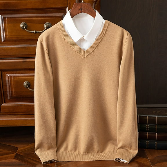 Dxzfnsa Pullover Sweater for Men Men's Fashionable Solid Color Pullovers V-neck Knitted Sweaters Casual Long Sleeved Slim Sweaters Fall Winter Trendy Sweaters