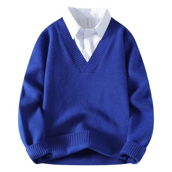 Dxzfnsa Pullover Sweaters for Men Fashionable Men's Solid Color Long Sleeved Sweaters Casual Fake Two-Piece Knitted Sweaters Loose Fit Fall Winter Sweaters