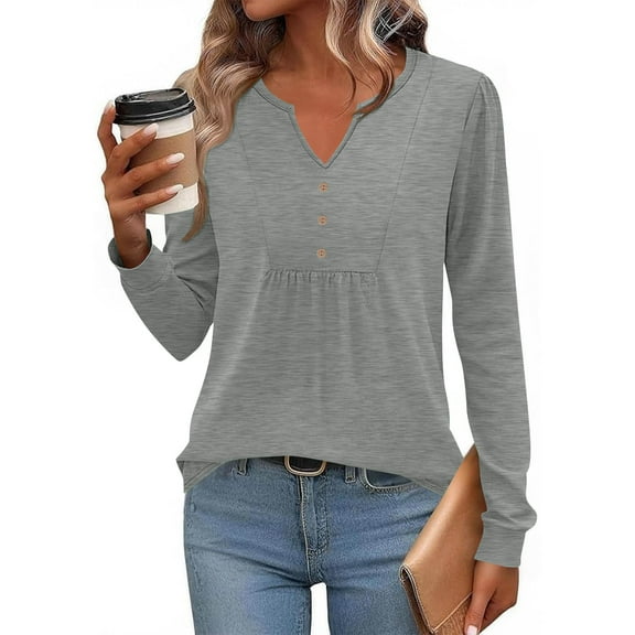 Dxzfnsa Pullover Tops for Women Women's Casual Long Sleeve V-Neck Blouses Loose Solid Color Tunic Tops Lightweight Soft Button T-shirt Tops