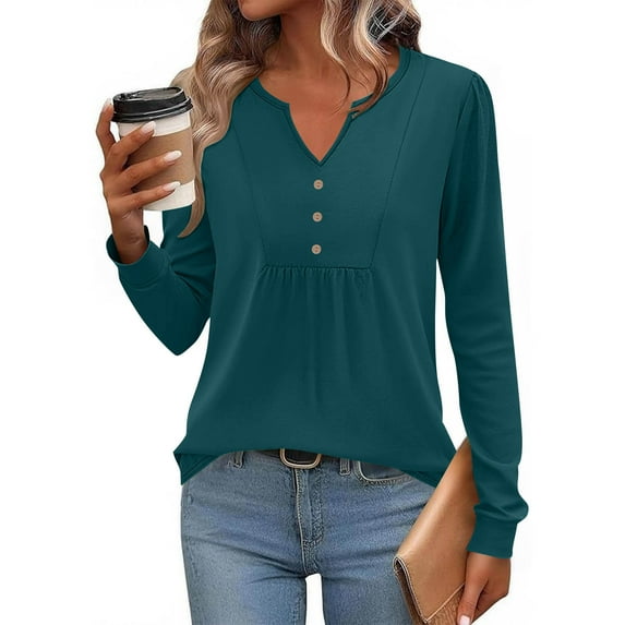 Dxzfnsa Pullover Tops for Women Women's Casual Long Sleeve V-Neck Blouses Loose Solid Color Tunic Tops Lightweight Soft Button T-shirt Tops