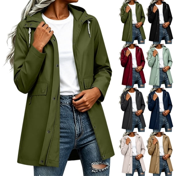Dxzfnsa Raincoat Women Waterproof Long Hooded Rain Jacket Trench Coats Windbreaker Travel Jacket Plaid Drawstring Waistband Coats with Pockets S-2XL