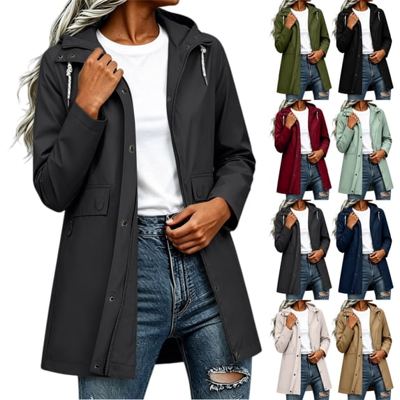Dxzfnsa Raincoat Women Waterproof Long Hooded Rain Jacket Trench Coats Windbreaker Travel Jacket Plaid Drawstring Waistband Coats with Pockets S-2XL