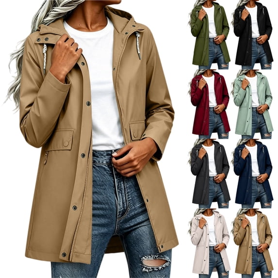 Dxzfnsa Raincoat Women Waterproof Long Hooded Rain Jacket Trench Coats Windbreaker Travel Jacket Plaid Drawstring Waistband Coats with Pockets S-2XL
