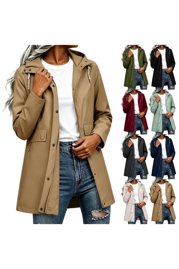 Raincoat Women Waterproof Long Hooded Rain Jacket Trench Coats Windbreaker Travel Jacket Plaid Drawstring Waistband Coats with Pockets S-2XL