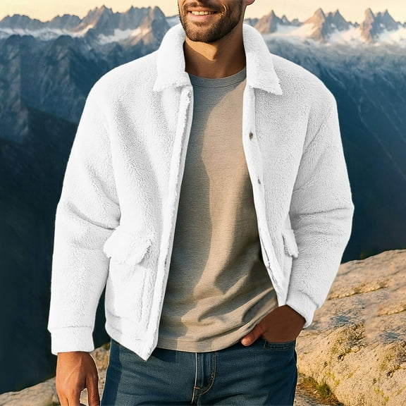 Dxzfnsa Sherpa Jacket for Mens Casual Solid Color Button Down Drop Shoulder Coat Winter Warm Thicken Lined Outwear