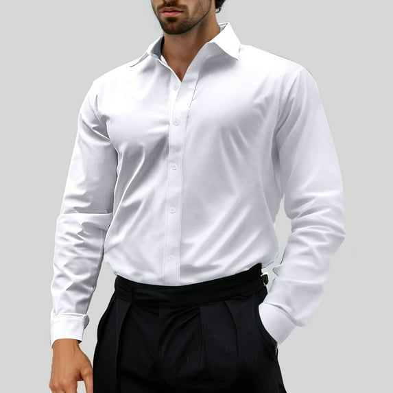 Dxzfnsa Shirts for Men Men's Casual Long Sleeve Button Suit Shirts Lightweight Solid Color Lapel Collar Blouses Fashion Business Slim Fit Shirts