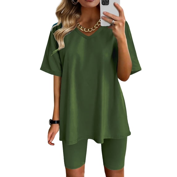 Dxzfnsa Short Sleeve Outfits for Women Summer Womens Comfortable Two Piece Solid Color Sets Loose V Neck Pullover T-shirts Biker Shorts Sweatsuits