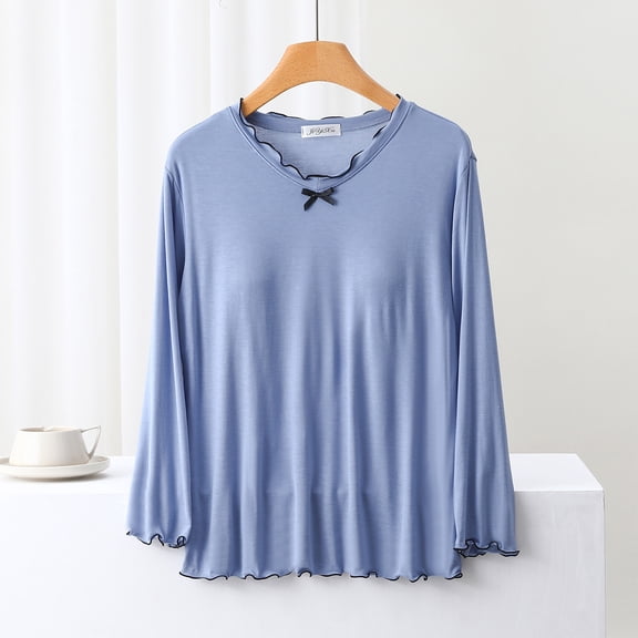 Dxzfnsa Sleep Wear for Womens Women's Comfy Soft Solid Color Pajama Tops with Chest Pads Lightweight Round Neck Long Sleeve Lounge Pajama Shirts