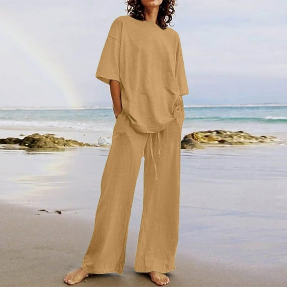 Dxzfnsa Summer 2 Piece Sets for Women Plus Size Womens Solid Color Lounge Sets Short Sleeve Crewneck Pullover Shirts and Drawstring Wide Leg Pants Sets