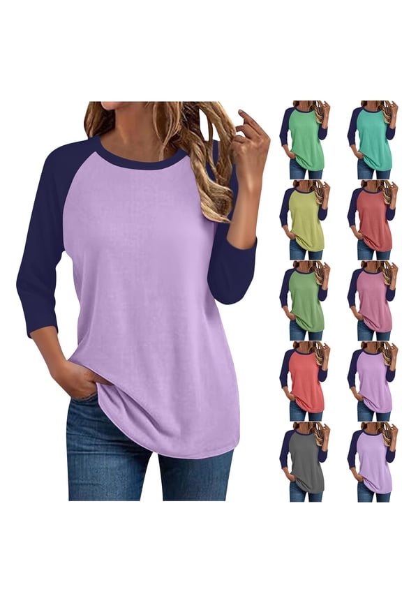 Summer Women's Clothing 3/4 Length Sleeve Womens Tops Round Neck Casual Summer Tunic Tops Basic Tees Blouses Dressy T-Shirts Pleated Shirts S-5XL