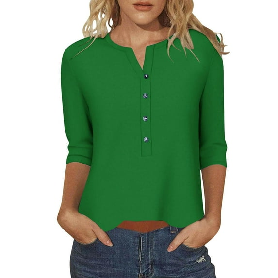 Dxzfnsa Summer Women's Clothing Womens 3/4 Sleeve Button Down Shirts Cotton Linen Roll Up Short Sleeve Tops V Neck Casual Loose Fit Blouses S-5XL