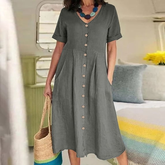 Dxzfnsa Summer Dresses for Women 2026 Solid Color Button Down Shirt Dresses Womens Aline Long Sundress with Pockets Short Sleeve Beach Travel Midi Dresses