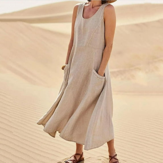 Dxzfnsa Summer Dresses for Women Fashion Women's Casual Cotton Linen Sleeveless Beach Midi Dresses Solid Color V Neck Dresses with Pockets