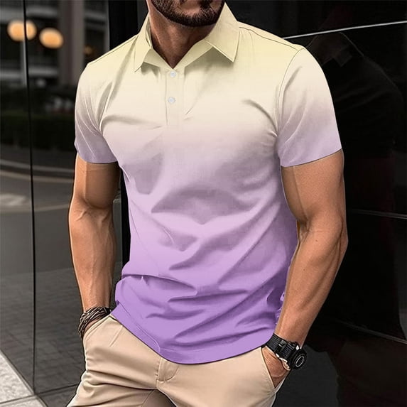 Dxzfnsa Summer T-Shirts for Men Breathable Casual Short Sleeve Buttons Athletic T-Shirts Men's Classic Gradient Color Lapel Collar Blouses