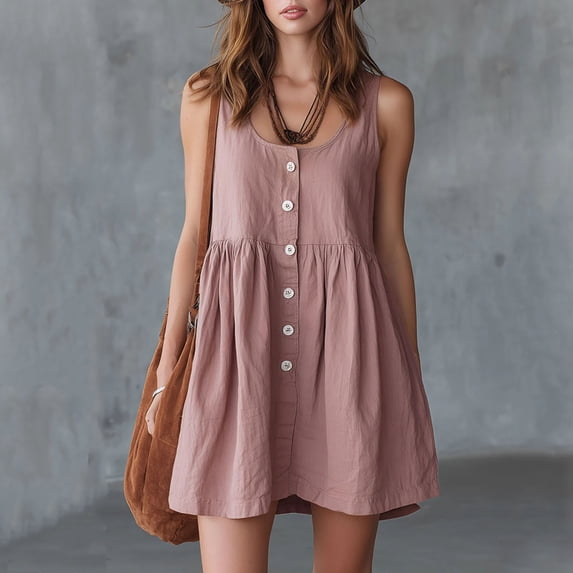 Dxzfnsa Summer Women's Dresses Women‘s Sleeveless Round Neck Shirt Dresses Ruffle Hem Cotton Tunic Tank Dresses Solid Color Button Up Mini Dresses