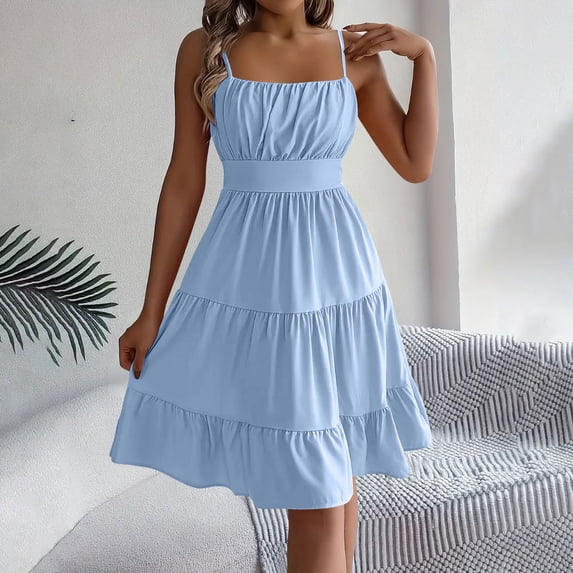 Dxzfnsa Summer Women's Dresses Womens Trendy Solid Color Square Neck Smocked Dresses Spaghetti Strap Sleeveless Backless Beach Dresses