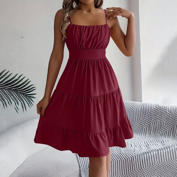 Dxzfnsa Summer Women's Dresses Womens Trendy Solid Color Square Neck Smocked Dresses Spaghetti Strap Sleeveless Backless Beach Dresses