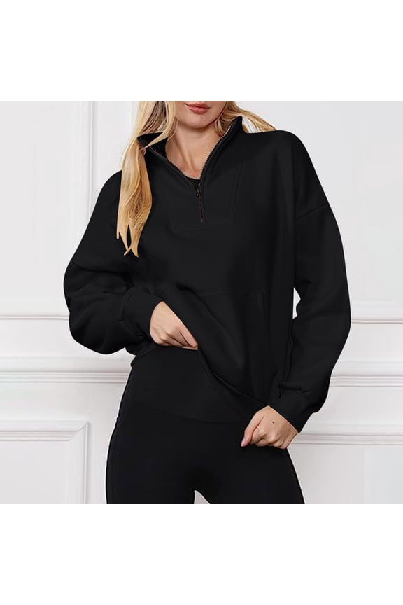 Sweatshirt for Women Women's Fashion Casual Solid Color Lapel Sweatshirts Long Sleeve Quarter Zipper Pullovers Oversize Cozy Warm Hoodless Sweatshirts
