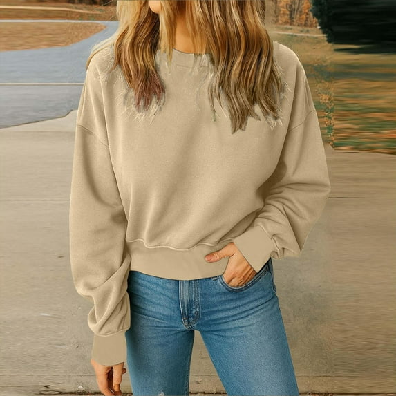 Dxzfnsa Sweatshirts for Women Women's Fashion Solid Color Leisure Pullover Sweatshirts Long Sleeve Round Neck Sweatshirts Fleece Comfortable Short Hoodless Sweatshirts Size S-2XL