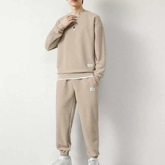 Dxzfnsa Sweatsuits 2 Piece Sets for Men Men's Fashion Solid Color Tracksuits Crew Neck Long Sleeved Pullovers Casual Sport Jogger Trousers with Pockets