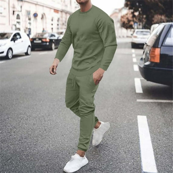 Dxzfnsa Tracksuit for Men 2 pieces Mens Fashion Casual Solid Color Sports Sets Long Sleeve Round Neck Pullovers Loose Athletic Drawstring Pants with Pockets