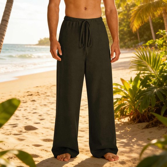 Dxzfnsa Trousers for Men Summer Mens Casual Solid Color Linen Cotton Pants Loose Fit Lightweight Elastic Waist Drawstring Beach Trousers