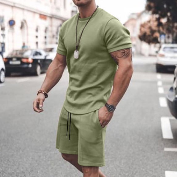 Dxzfnsa Two Piece Sets for Men Casual Men's Round Neck Short Sleeve T Shirts and Elastic Waist Shorts Summer Solid Color Beach Outfits
