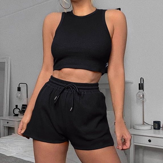 Dxzfnsa Two Piece Summer Womens Outfits Lightweight Solid Color Sets 2026 Women's Casual Sleeveless Crop Tops With High Waisted Shorts Sweatsuits
