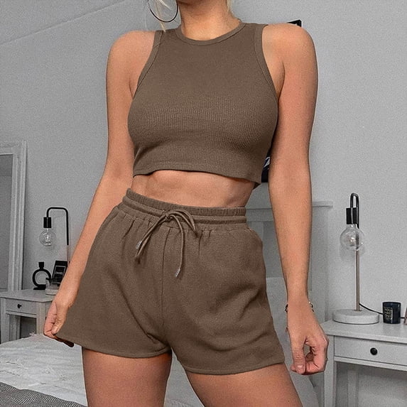 Dxzfnsa Two Piece Summer Womens Outfits Lightweight Solid Color Sets 2026 Women's Casual Sleeveless Crop Tops With High Waisted Shorts Sweatsuits