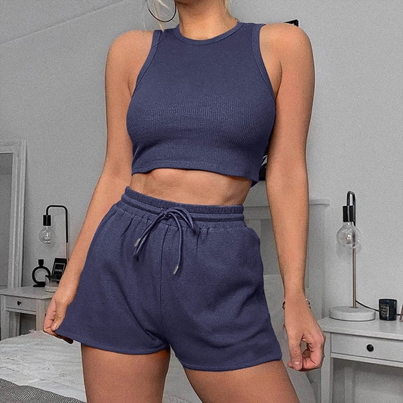 Dxzfnsa Two Piece Summer Womens Outfits Lightweight Solid Color Sets 2026 Women's Casual Sleeveless Crop Tops With High Waisted Shorts Sweatsuits
