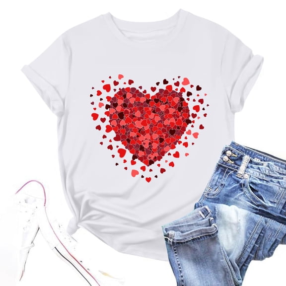 Dxzfnsa Valentines Day Shirts for Women Fashionable Cute Love Heart Printed T-Shirt Womens Valentines Short Sleeve Round Neck Tee Tops