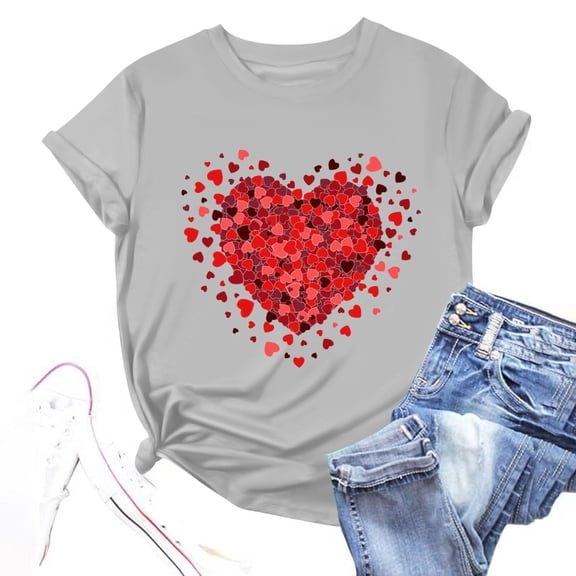 Dxzfnsa Valentines Day Shirts for Women Fashionable Cute Love Heart Printed T-Shirt Womens Valentines Short Sleeve Round Neck Tee Tops